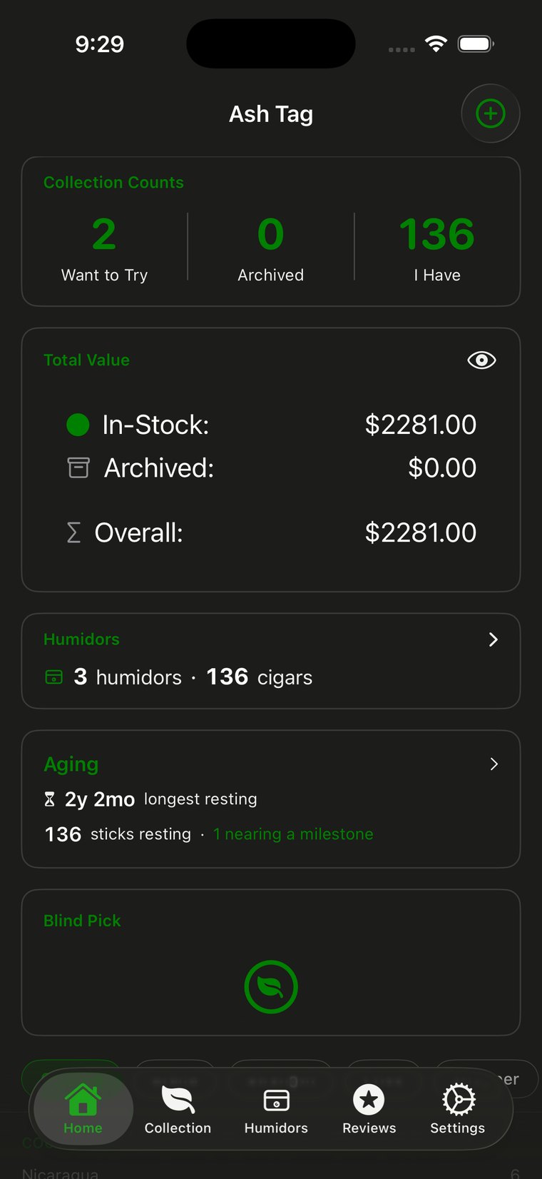 The Ash Tag home screen showing collection counts, total value, humidors, aging and a country breakdown chart.