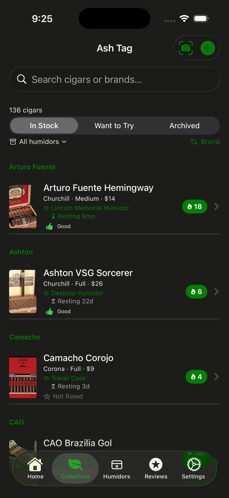 The collection list grouped by brand, each row showing size, strength, price, humidor, resting time and rating.