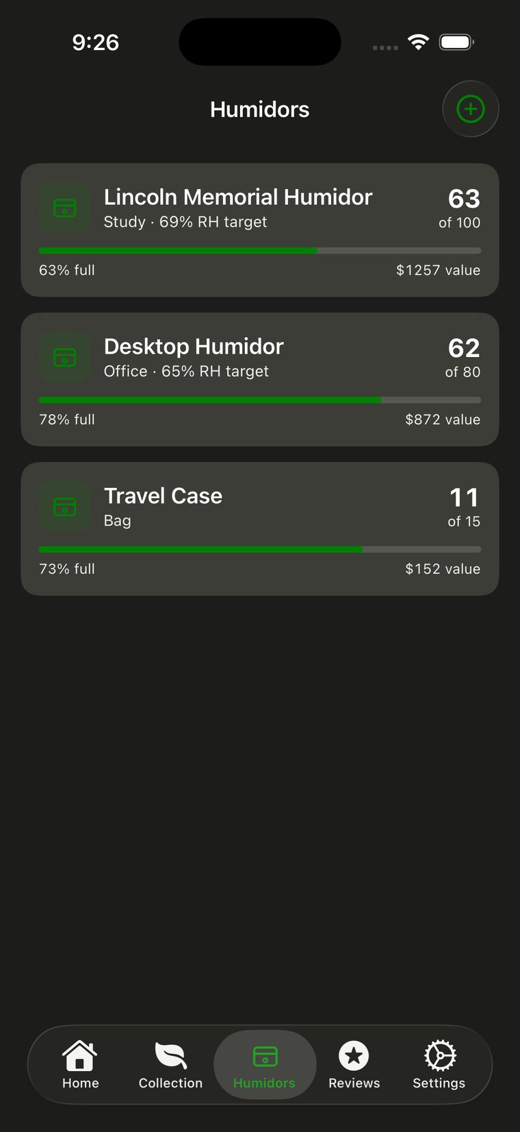 Humidors list showing three humidors with fill bars, counts and value.