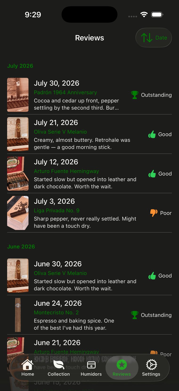 Reviews grouped by month, each entry showing date, cigar, notes and a rating.