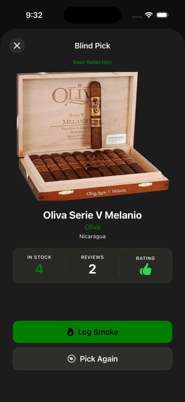 Blind Pick showing a randomly chosen Oliva Serie V Melanio with stock, reviews and rating.