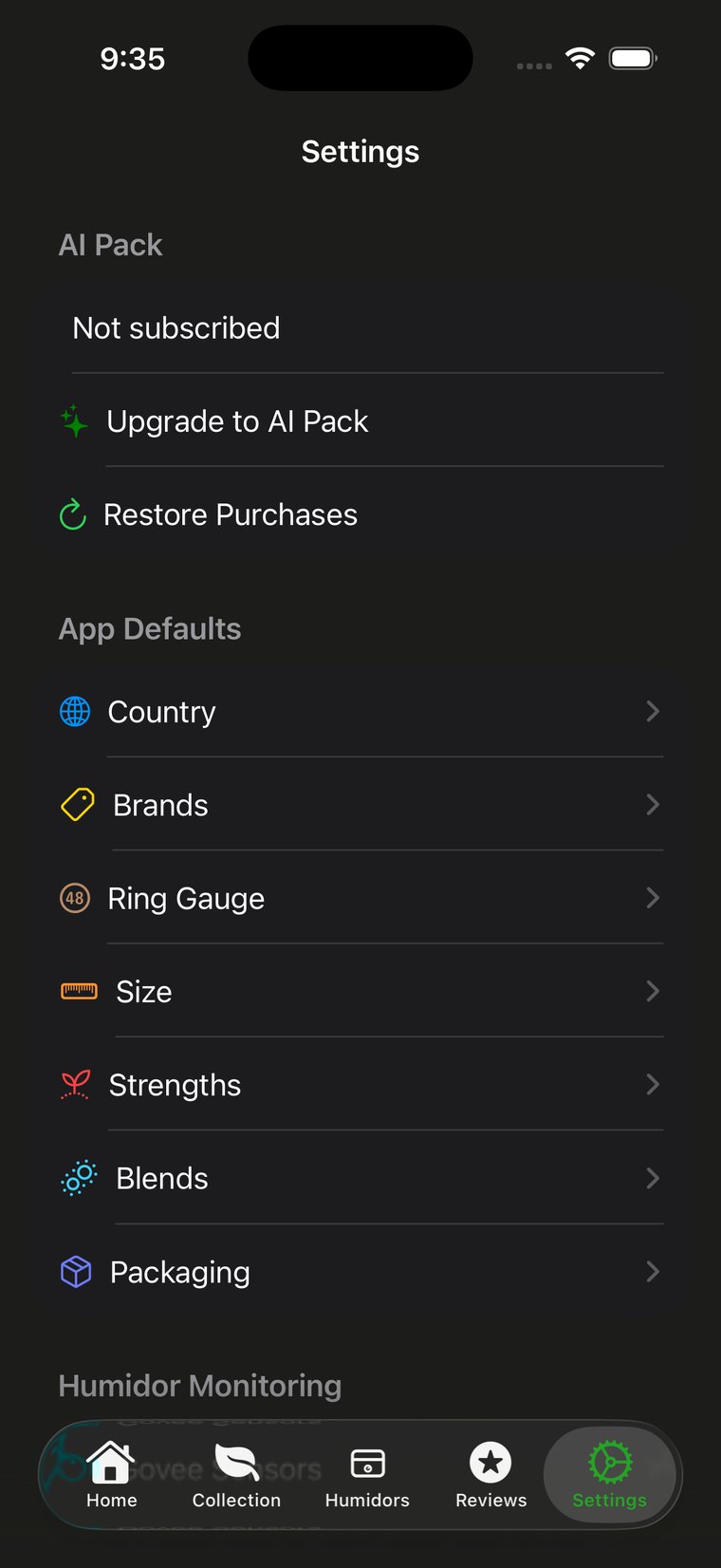 Settings screen showing AI Pack, app defaults for country, brands, ring gauge, size, strengths, blends and packaging.