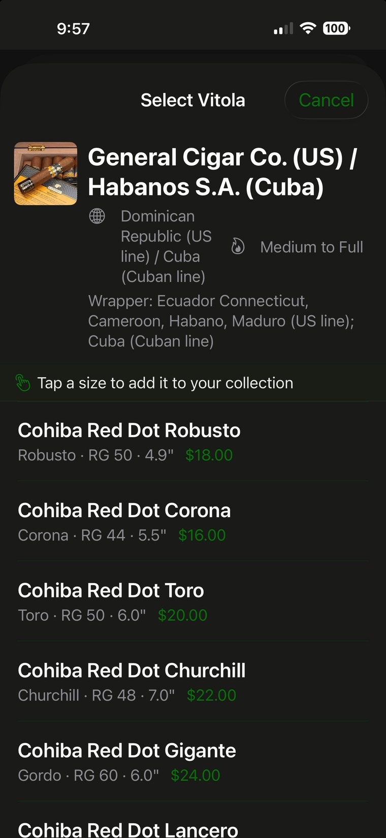 Select Vitola screen showing Cohiba Red Dot in every size with ring gauge, length and price.
