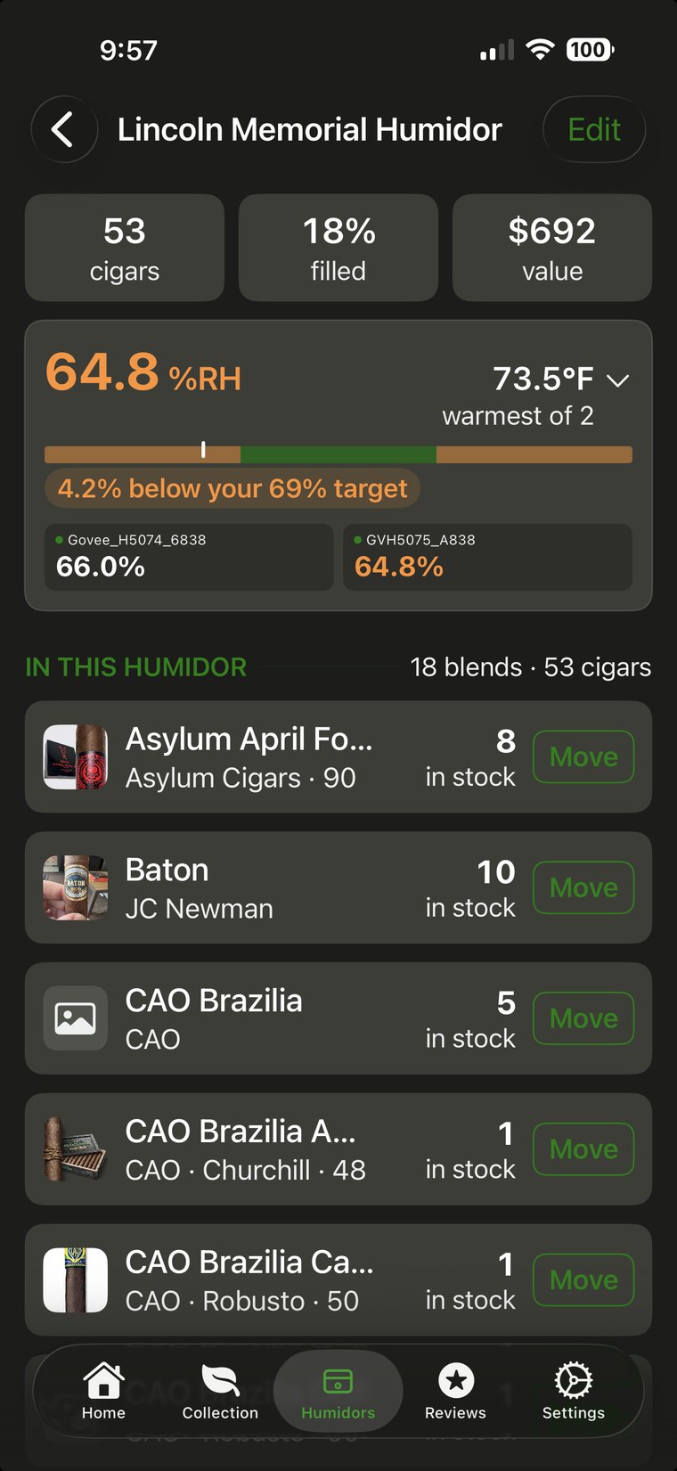 Humidor screen showing 64.8% RH in amber, 4.2% below the 69% target, with readings from two sensors.